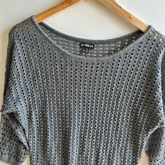 Express Knit Top Dolman Sleeve Metallic Gray Sweater Open Weave XS NWOT Sheer - Picture 3 of 9